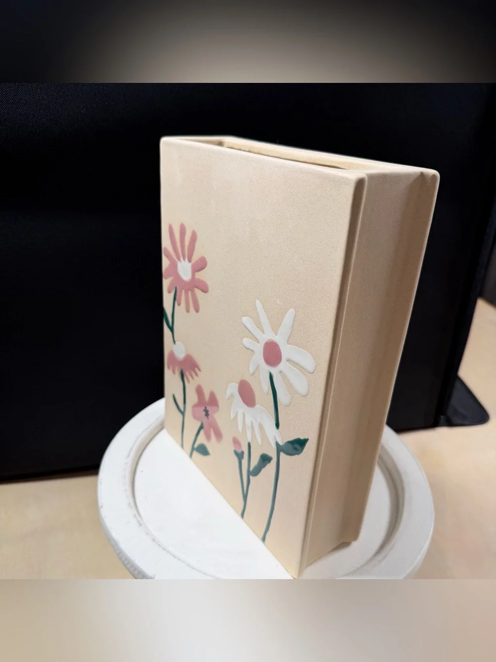 Ceramic Book Vase With Hand Painted Daisy, Cream With Pink & White Flowers